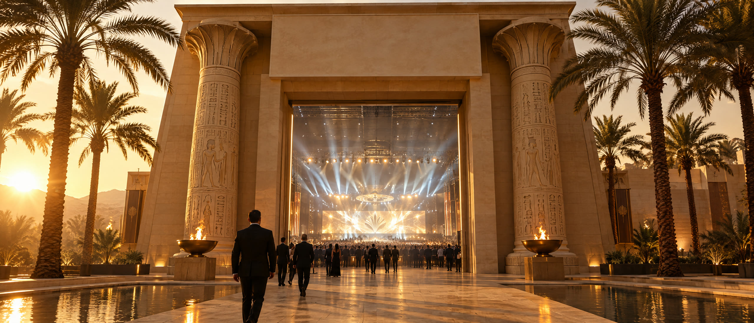 A monumental stone gateway opening onto a modern event stage at golden hour