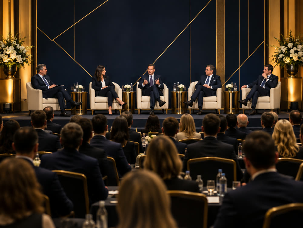 Investment forum stage with a panel of speakers