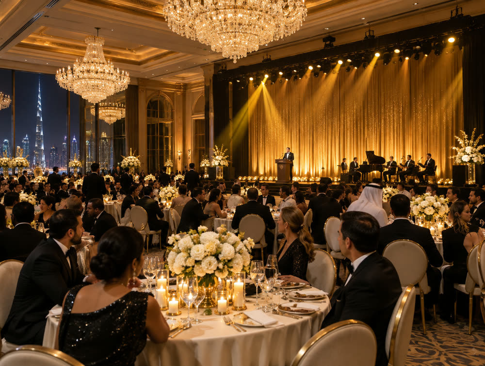 Corporate gala in a ballroom with chandeliers