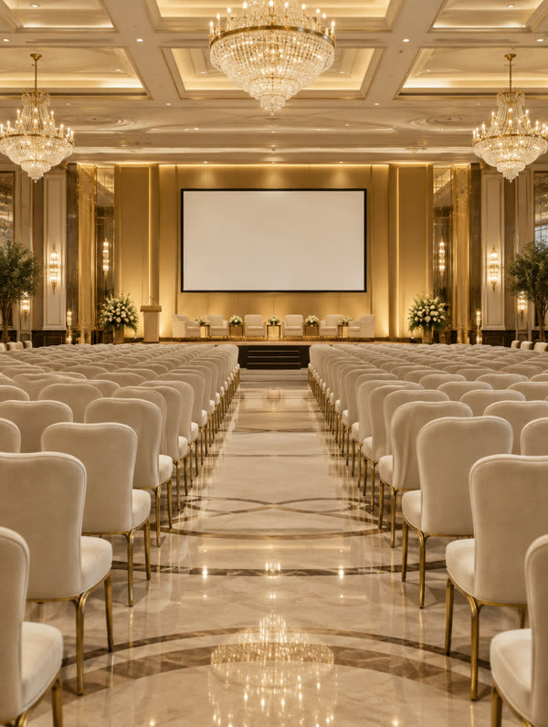 Conference hall set with ivory chairs and a gold stage