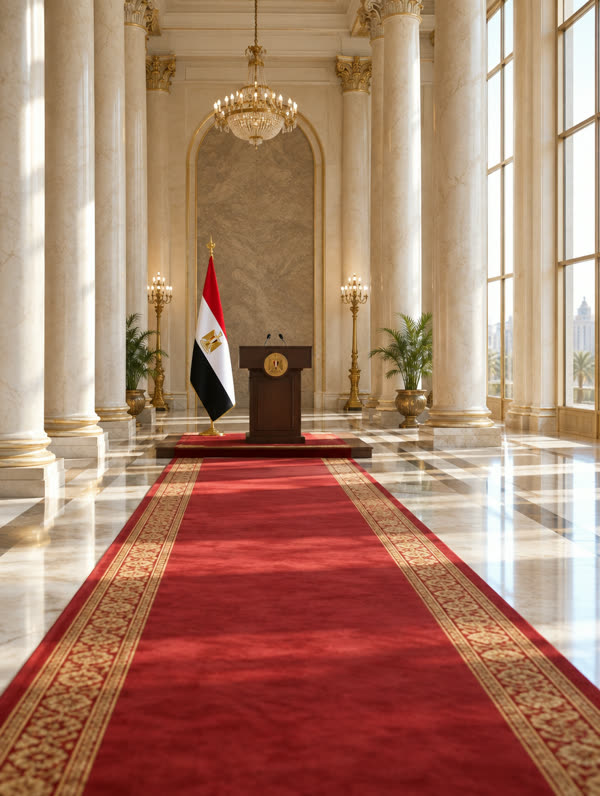 Formal hall with marble columns and the Egyptian flag