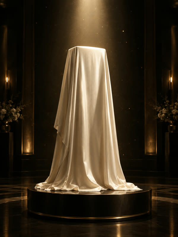 A draped object on a pedestal under a spotlight