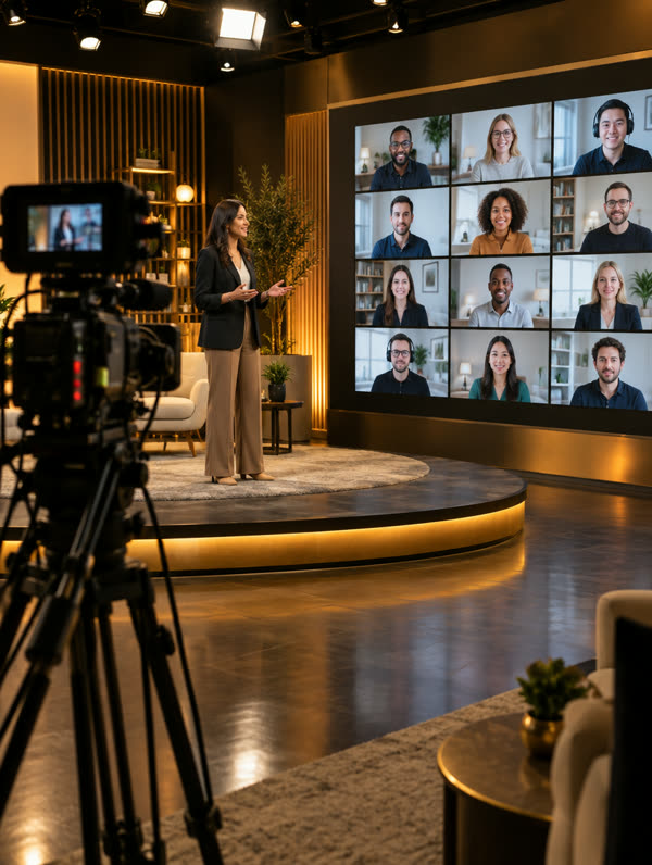 Broadcast studio with a video wall of remote participants