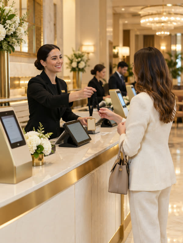 Registration desk with check-in kiosks
